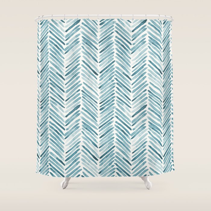 Turquoise herringbone - watercolor Shower Curtain Gallery Image 1
