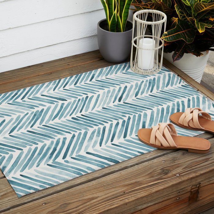 Turquoise herringbone - watercolor Outdoor Rug Gallery Image 2