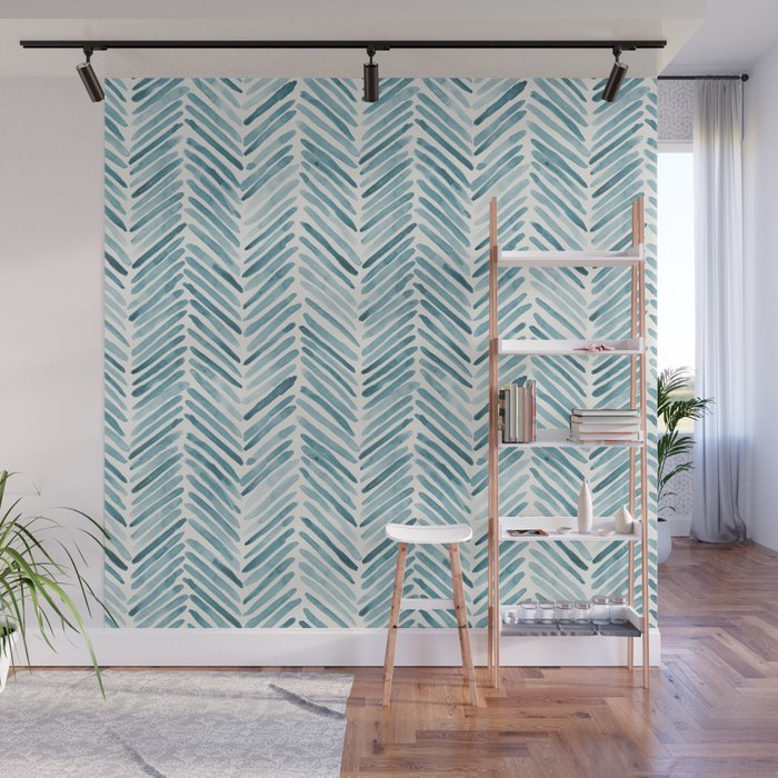 Turquoise herringbone - watercolor Wall Mural Gallery Image 1