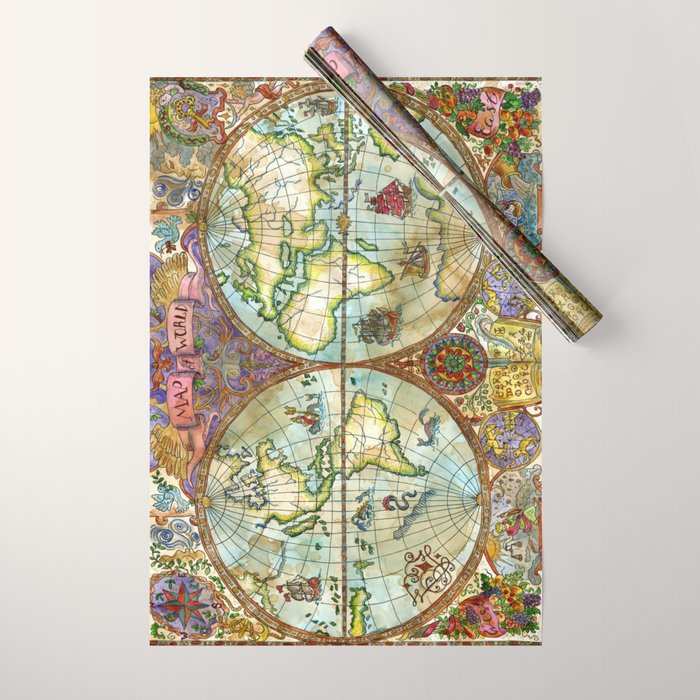 Magical Antique World Map  Wrapping Paper Gallery Image 1