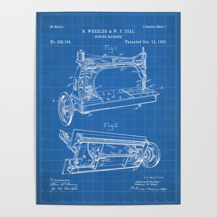 Sewing Machine Patent - Seamstress Craft Sewing Room Art - Blueprint Poster Gallery Image 1