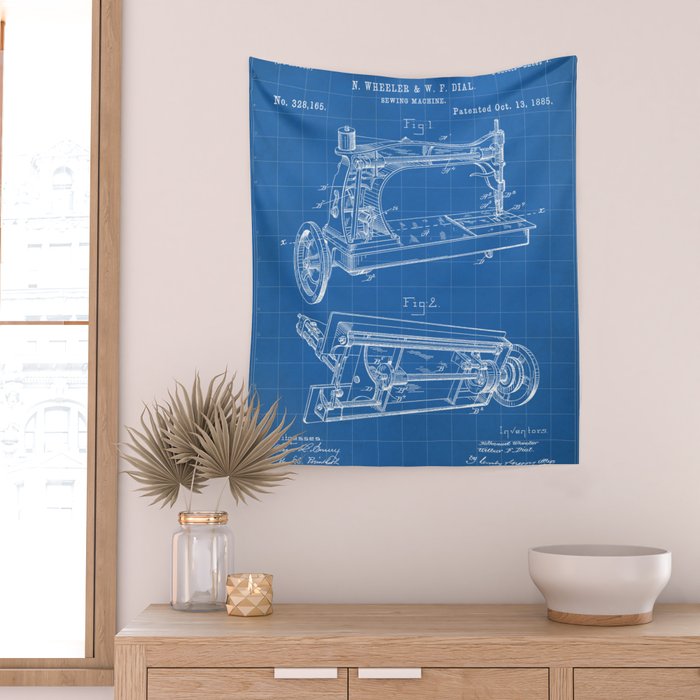 Sewing Machine Patent - Seamstress Craft Sewing Room Art - Blueprint Wall Tapestry Gallery Image 2