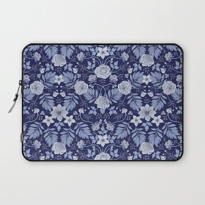Light Blue, Cobalt Blue, & White Floral Pattern Laptop Sleeve Gallery Image 1
