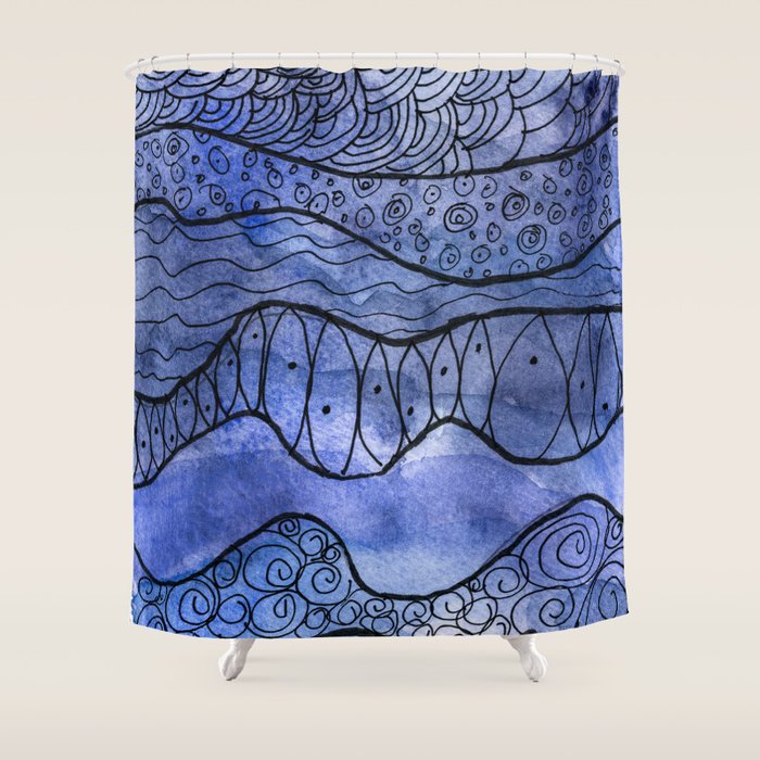 Ocean Waves Watercolor Line Art Shower Curtain Gallery Image 1