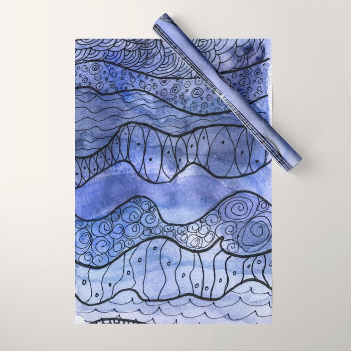 Ocean Waves Watercolor Line Art Wrapping Paper Gallery Image 1