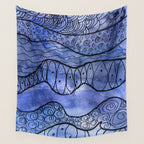 Ocean Waves Watercolor Line Art Wall Tapestry Gallery Image 4