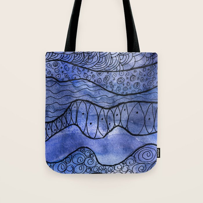Ocean Waves Watercolor Line Art Tote Bag Gallery Image 1