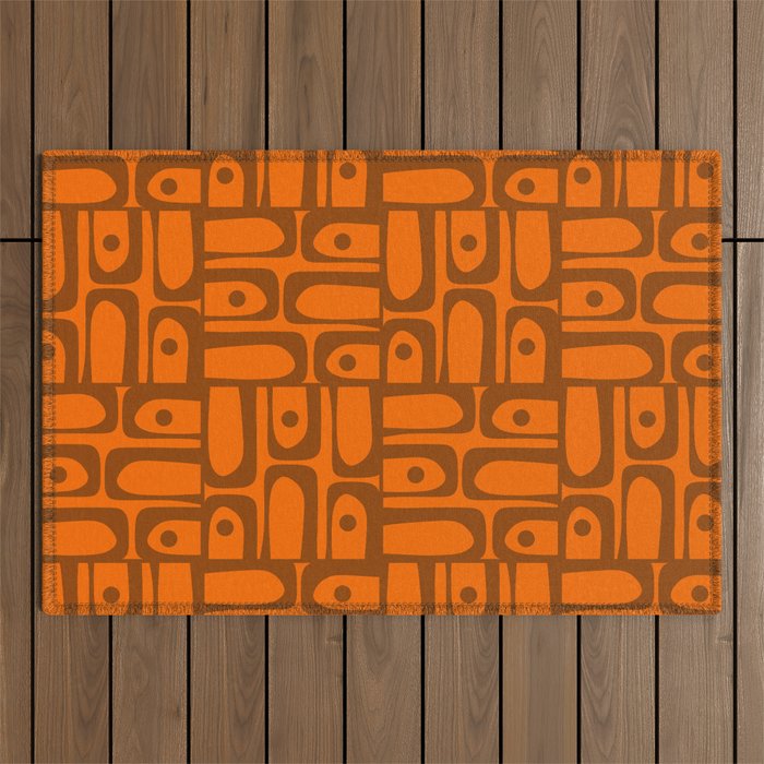 Mid Century Modern Piquet Abstract Multi Pattern in 70s Chocolate Brown and Orange Outdoor Rug Gallery Image 1