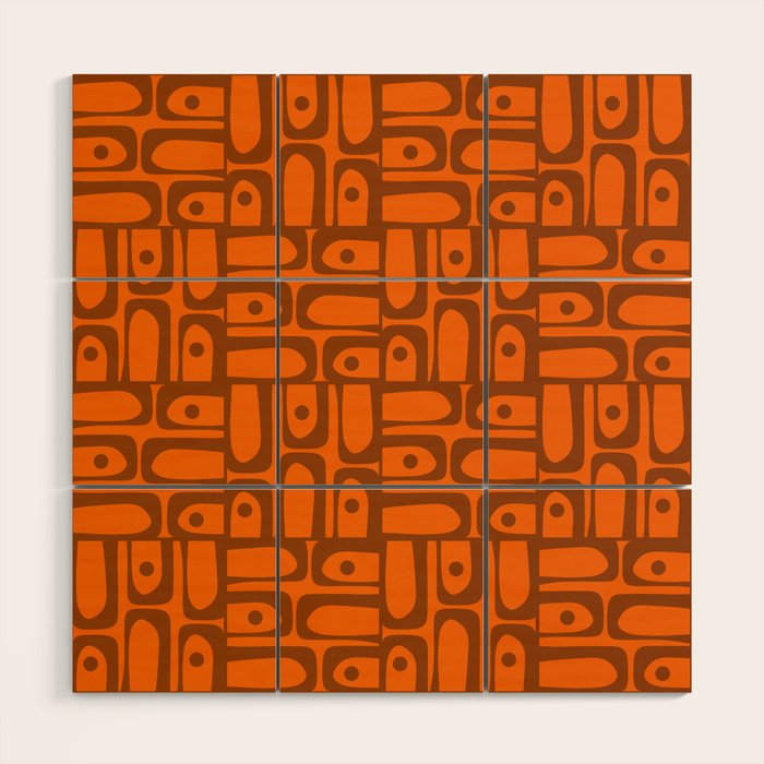 Mid Century Modern Piquet Abstract Multi Pattern in 70s Chocolate Brown and Orange Wood Wall Art Gallery Image 1