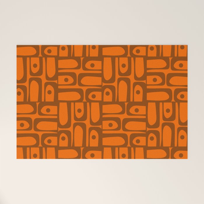 Mid Century Modern Piquet Abstract Multi Pattern in 70s Chocolate Brown and Orange Welcome Mat Gallery Image 1