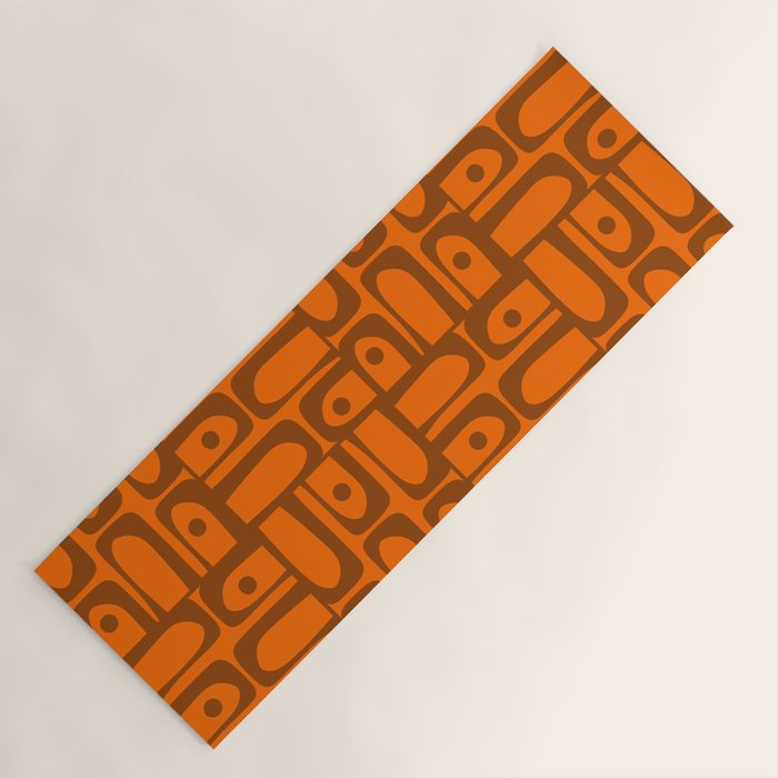 Mid Century Modern Piquet Abstract Multi Pattern in 70s Chocolate Brown and Orange Yoga Mat Gallery Image 1