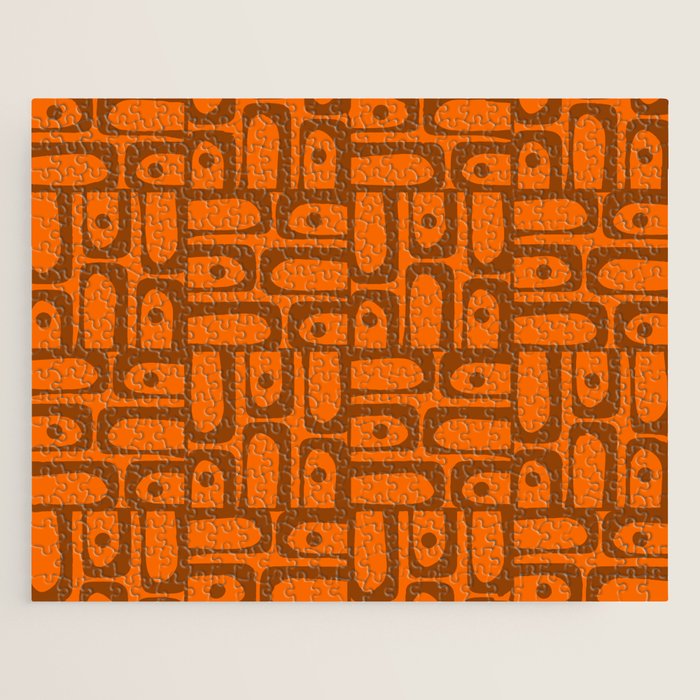 Mid Century Modern Piquet Abstract Multi Pattern in 70s Chocolate Brown and Orange Jigsaw Puzzle Gallery Image 1