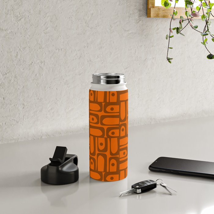 Mid Century Modern Piquet Abstract Multi Pattern in 70s Chocolate Brown and Orange Water Bottle Gallery Image 4