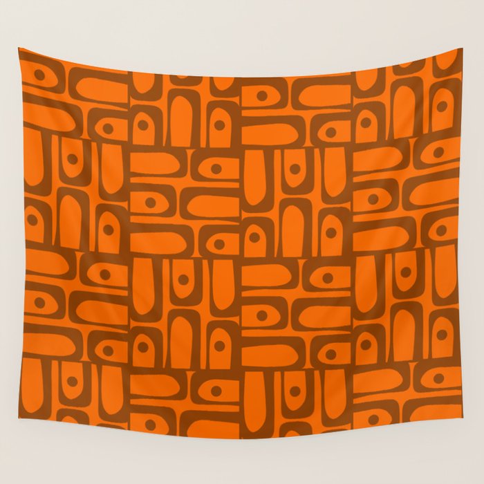 Mid Century Modern Piquet Abstract Multi Pattern in 70s Chocolate Brown and Orange Wall Tapestry Gallery Image 1