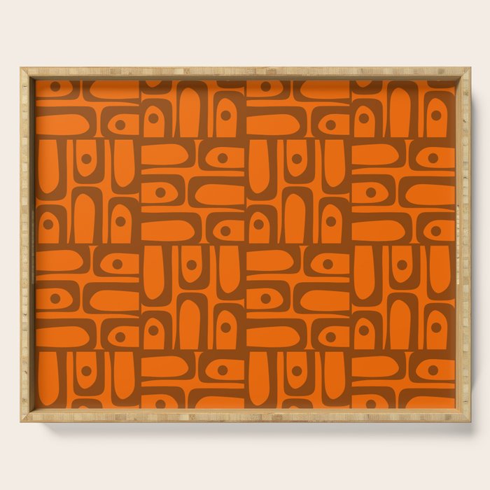Mid Century Modern Piquet Abstract Multi Pattern in 70s Chocolate Brown and Orange Serving Tray Gallery Image 1