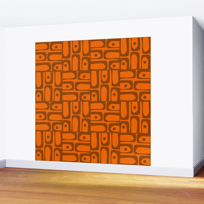 Mid Century Modern Piquet Abstract Multi Pattern in 70s Chocolate Brown and Orange Wall Mural Gallery Image 2