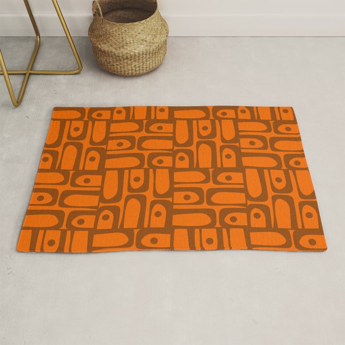 Mid Century Modern Piquet Abstract Multi Pattern in 70s Chocolate Brown and Orange Rug Gallery Image 1