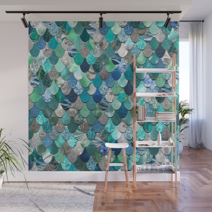 Mermaid Art, Sea,Teal, Mint, Aqua, Blue Wall Mural Gallery Image 1