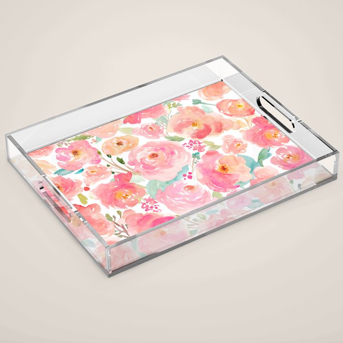 Watercolor Peonies Summer Bouquet Acrylic Tray Gallery Image 1