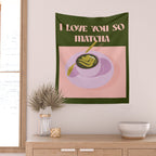 I love you so matcha - a matcha latte illustration in forest green and pink Wall Tapestry Gallery Image 2
