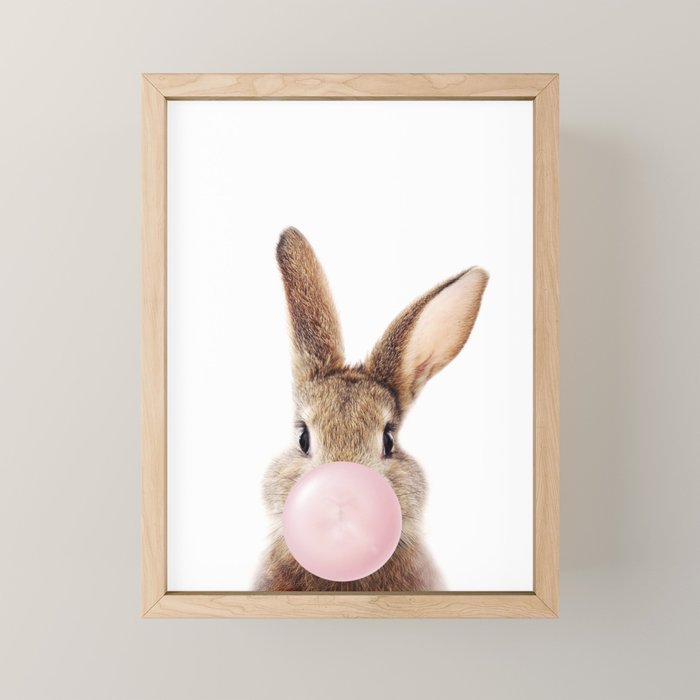 Brown Bunny Blowing Bubble Gum, Pink Nursery, Baby Animals Art Print by Synplus Mini Art Print Gallery Image 1
