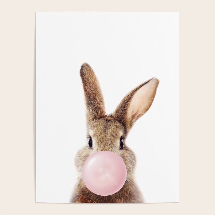 Brown Bunny Blowing Bubble Gum, Pink Nursery, Baby Animals Art Print by Synplus Poster Gallery Image 4