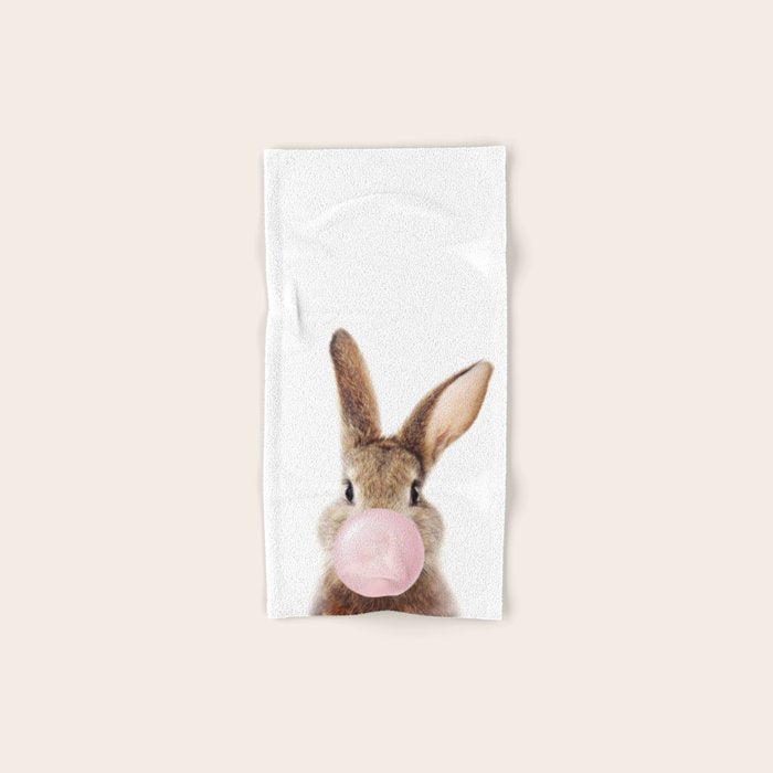 Brown Bunny Blowing Bubble Gum, Pink Nursery, Baby Animals Art Print by Synplus Bath Towel Gallery Image 1