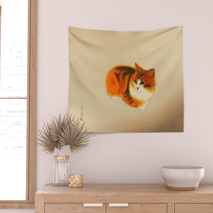Orange Fluffy Kitten Japanese vintage Woodblock Print Wall Tapestry Gallery Image 2
