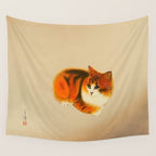 Orange Fluffy Kitten Japanese vintage Woodblock Print Wall Tapestry Gallery Image 4