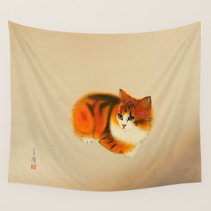 Orange Fluffy Kitten Japanese vintage Woodblock Print Wall Tapestry Gallery Image 1