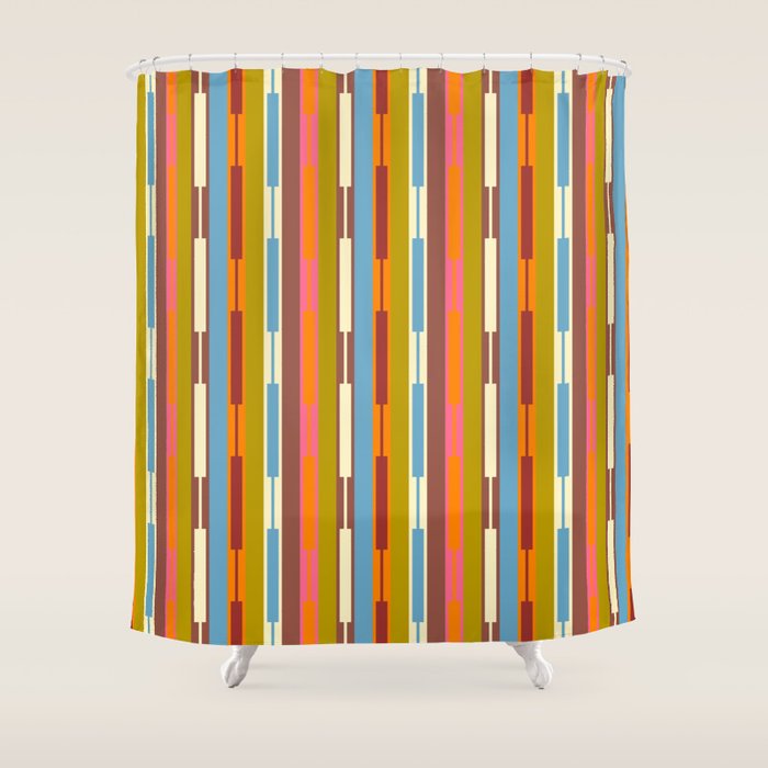 Retro Geo Chain Vertical Block Stripes Geometric Pattern Shower Curtain Gallery Image 1