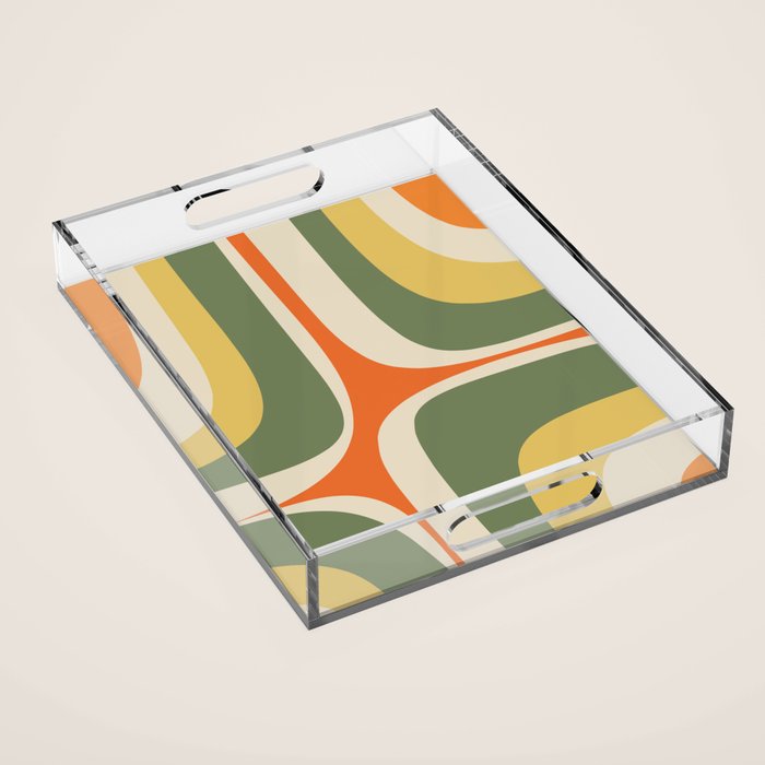 Retro Groove Mid Century Modern Abstract Pattern in Mossy Sage Olive Green Orange Mustard Acrylic Tray Gallery Image 1