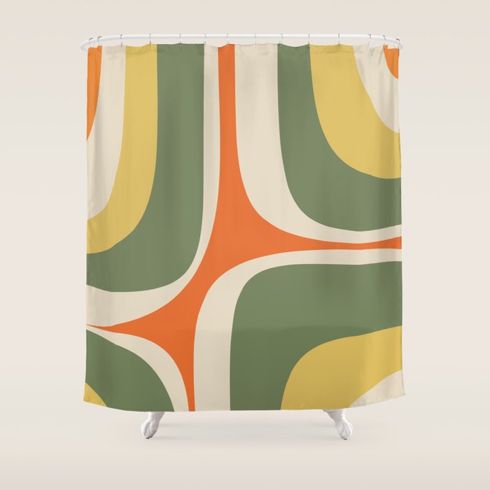 Retro Groove Mid Century Modern Abstract Pattern in Mossy Sage Olive Green Orange Mustard Shower Curtain Gallery Image 1