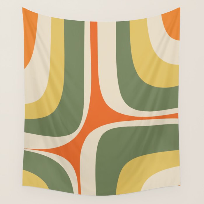 Retro Groove Mid Century Modern Abstract Pattern in Mossy Sage Olive Green Orange Mustard Wall Tapestry Gallery Image 4