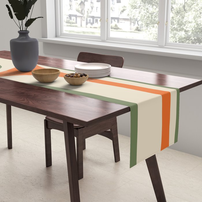 Retro Groove Mid Century Modern Abstract Pattern in Mossy Sage Olive Green Orange Mustard Table Runner Gallery Image 2