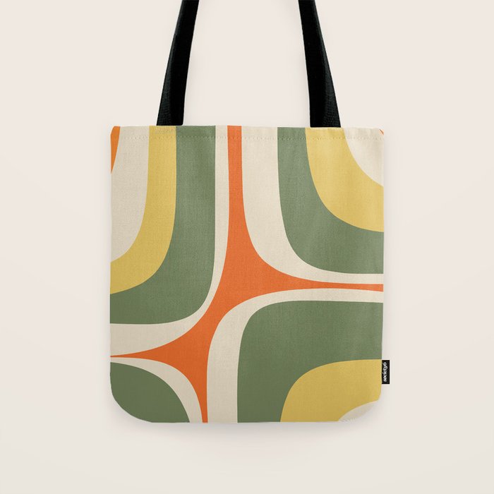 Retro Groove Mid Century Modern Abstract Pattern in Mossy Sage Olive Green Orange Mustard Tote Bag Gallery Image 1