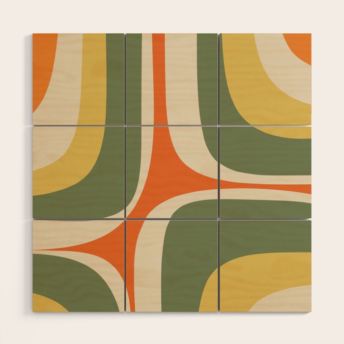Retro Groove Mid Century Modern Abstract Pattern in Mossy Sage Olive Green Orange Mustard Wood Wall Art Gallery Image 1