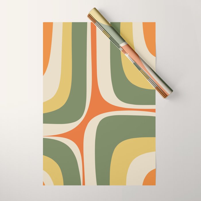 Retro Groove Mid Century Modern Abstract Pattern in Mossy Sage Olive Green Orange Mustard Wrapping Paper Gallery Image 1