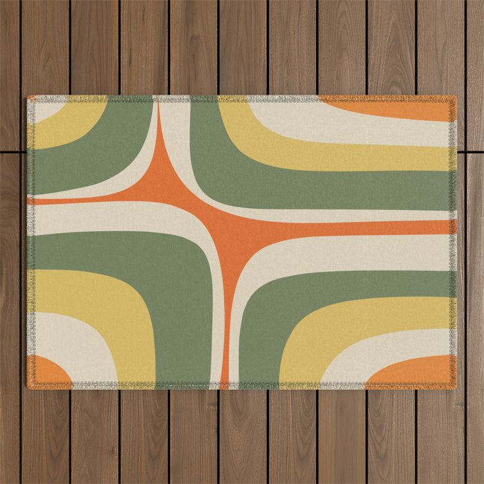 Retro Groove Mid Century Modern Abstract Pattern in Mossy Sage Olive Green Orange Mustard Outdoor Rug Gallery Image 1