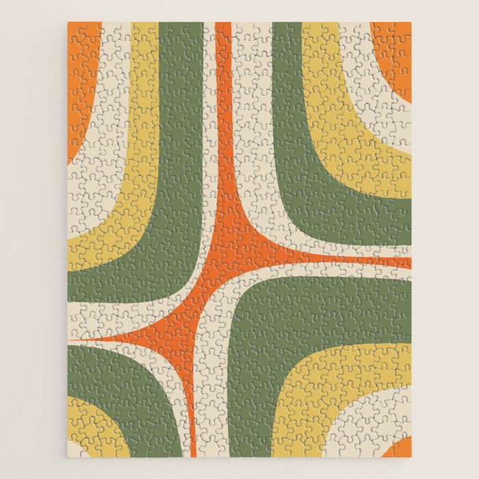 Retro Groove Mid Century Modern Abstract Pattern in Mossy Sage Olive Green Orange Mustard Jigsaw Puzzle Gallery Image 1