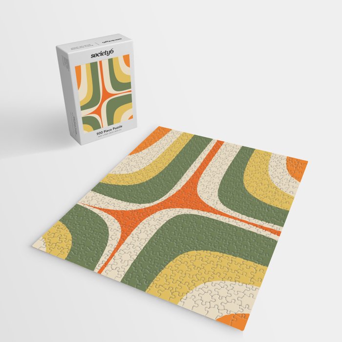 Retro Groove Mid Century Modern Abstract Pattern in Mossy Sage Olive Green Orange Mustard Jigsaw Puzzle Gallery Image 2