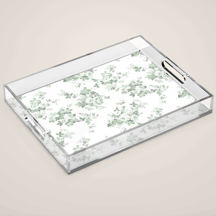 Elegant vintage green white roses shabby floral Acrylic Tray Gallery Image 1