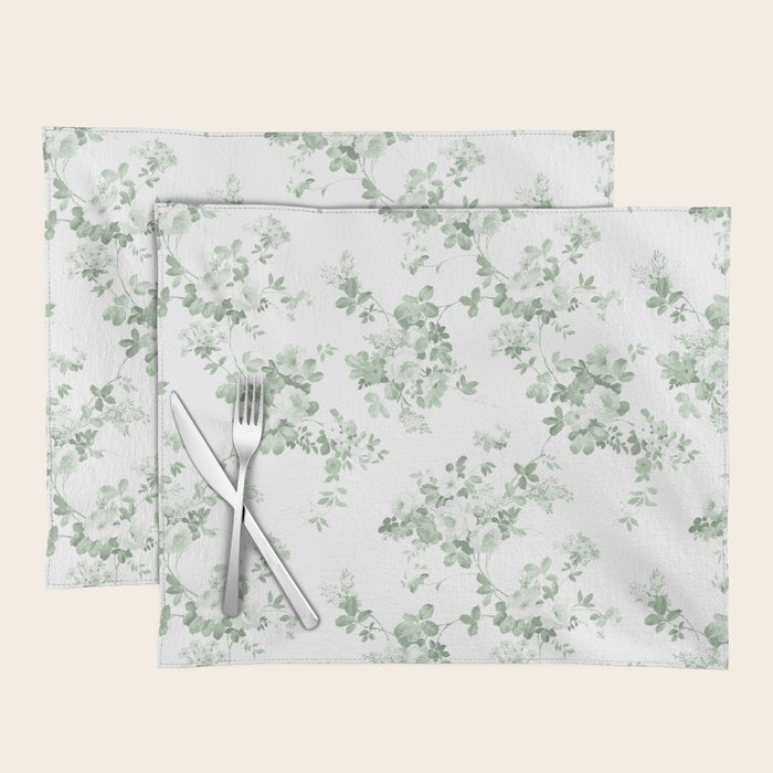 Elegant vintage green white roses shabby floral Placemat Gallery Image 1