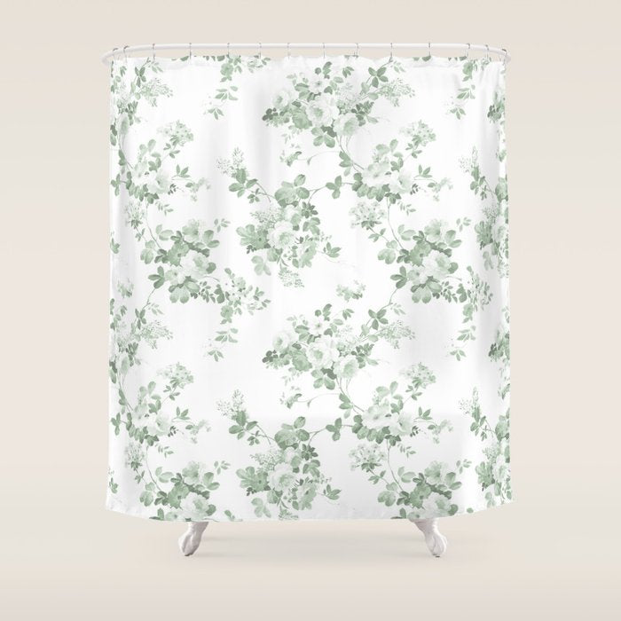 Elegant vintage green white roses shabby floral Shower Curtain Gallery Image 1