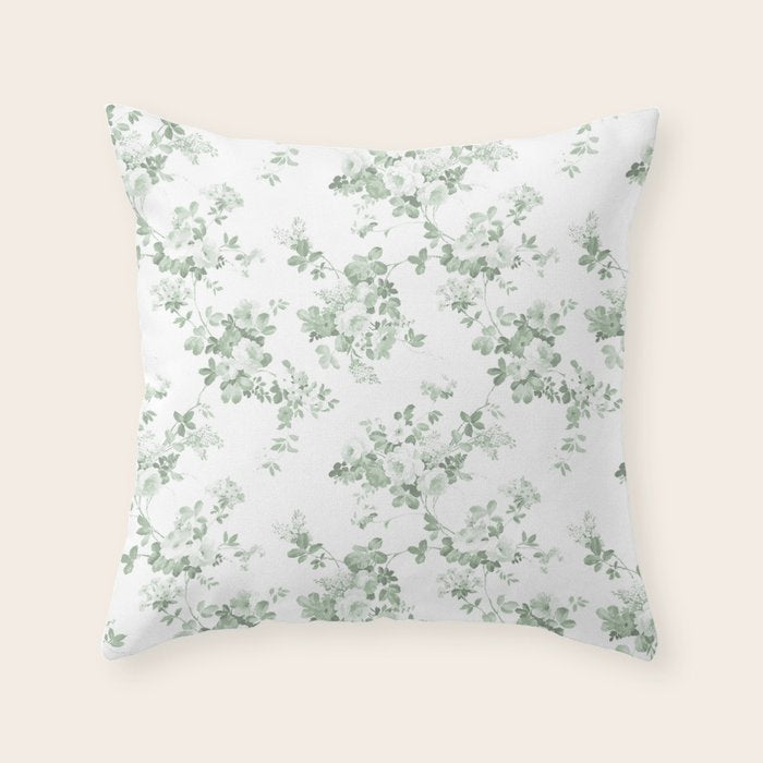 Elegant vintage green white roses shabby floral Throw Pillow Gallery Image 6