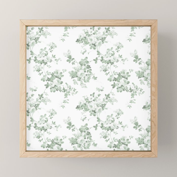 Elegant vintage green white roses shabby floral Mini Art Print Gallery Image 1