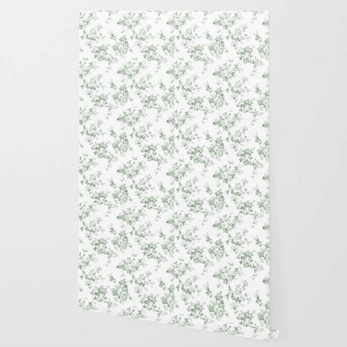 Elegant vintage green white roses shabby floral Wallpaper Gallery Image 2