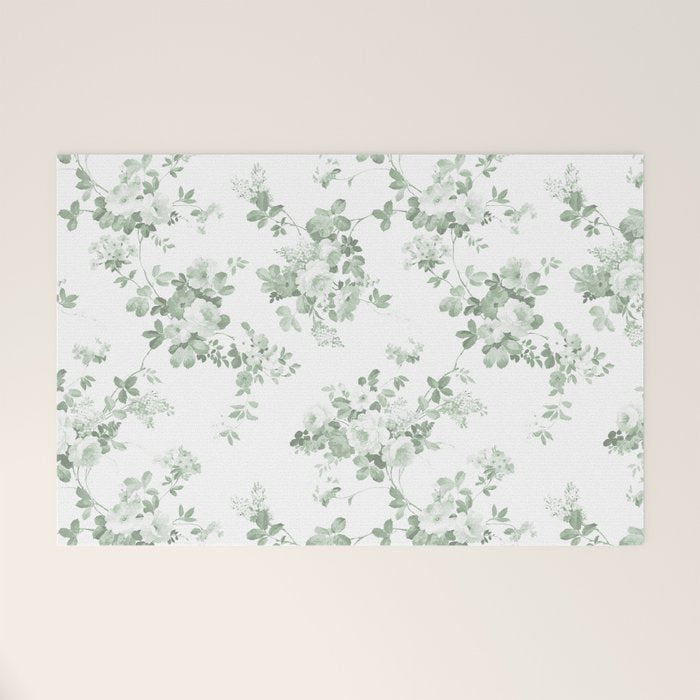 Elegant vintage green white roses shabby floral Welcome Mat Gallery Image 1