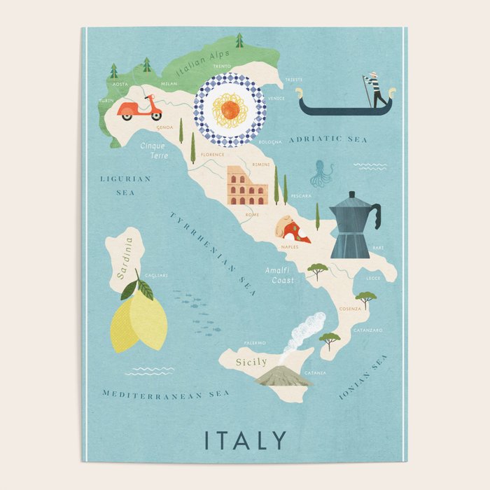 Italy Illustrated Map Poster Gallery Image 1