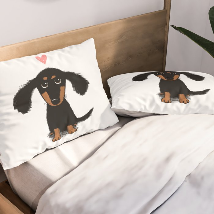 Dachshund Love | Cute Longhaired Black and Tan Wiener Dog Pillow Sham Gallery Image 2